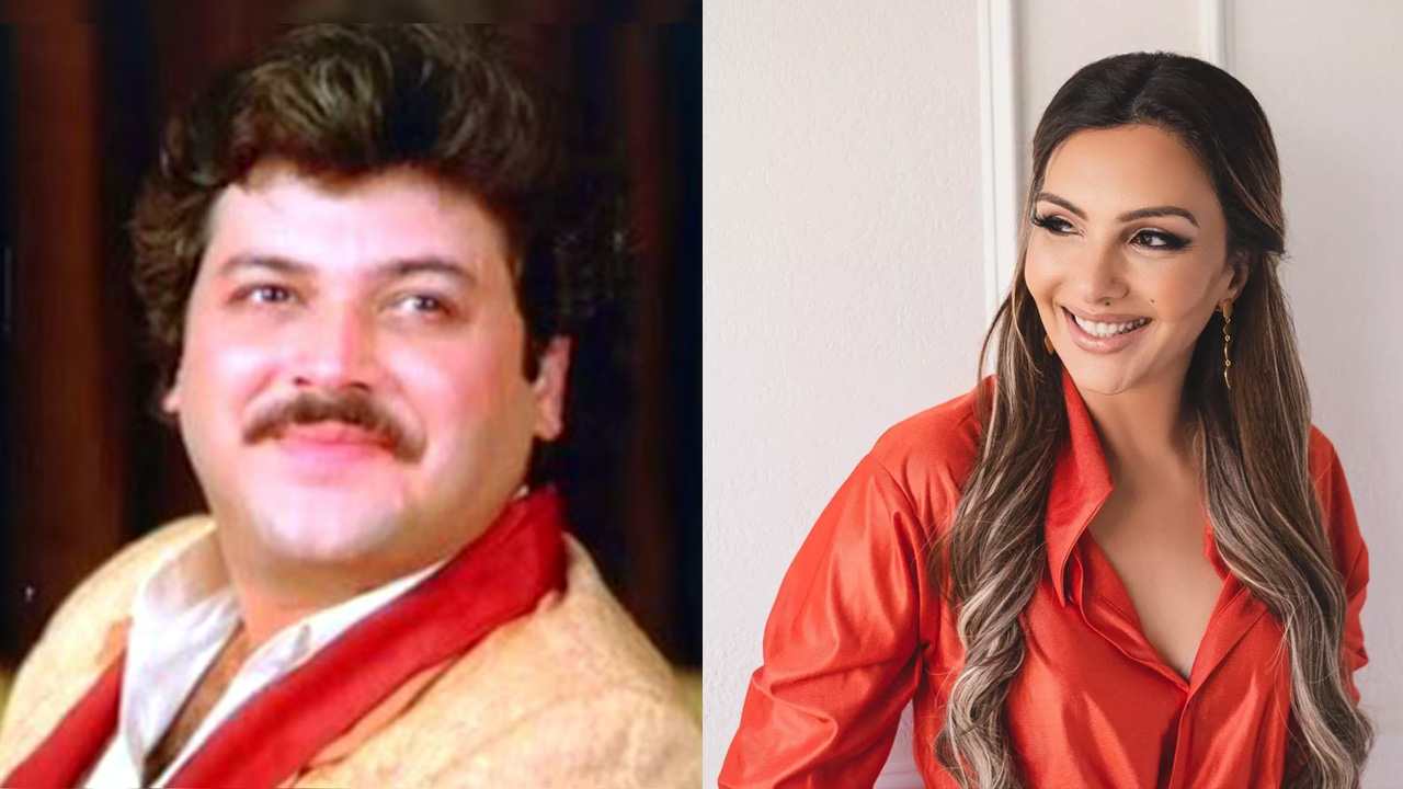 Somy Ali speaking in a public appearance with a photo of actor Raj Kiran.
