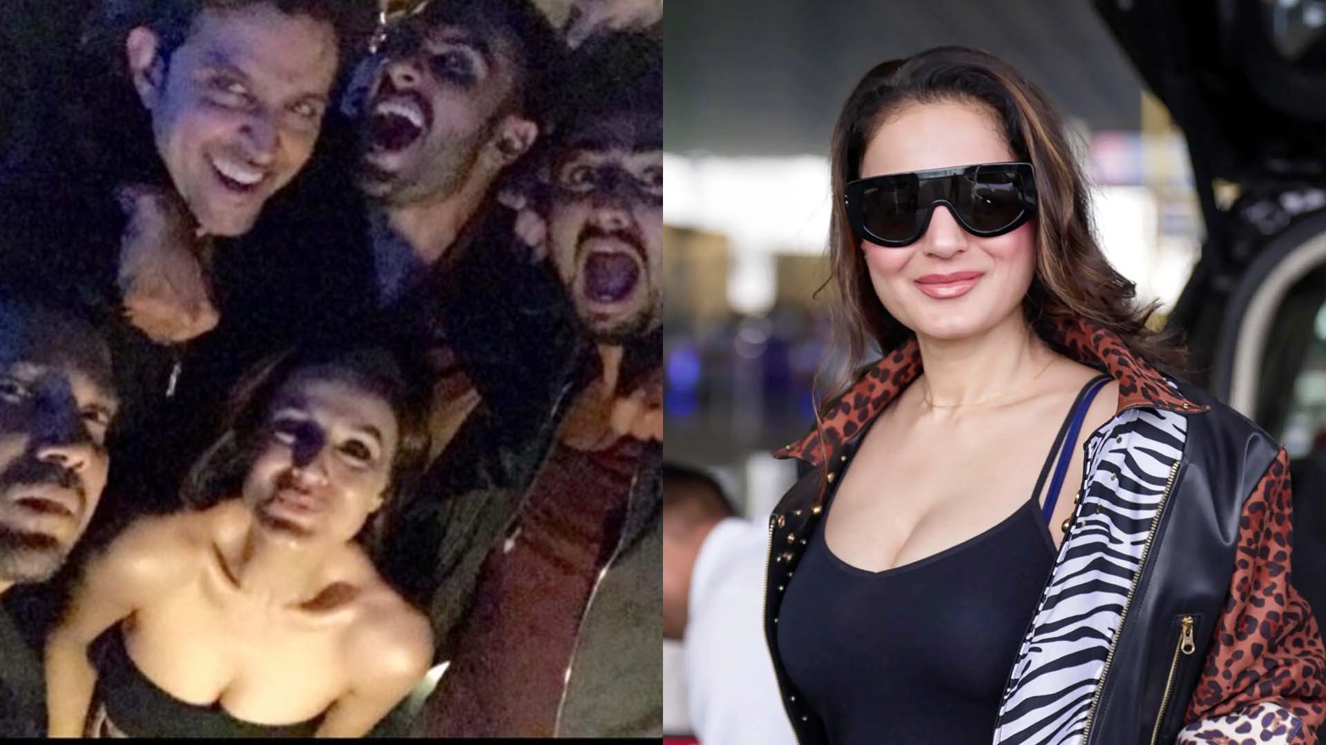 Ameesha Patel poses with Hrithik Roshan, Ranveer Singh and Arjun Kapoor at a party