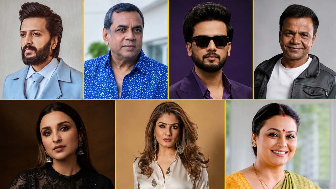 Riteish Deshmukh, Elvish Yadav, Paresh Rawal and Rajpal Yadav in a cast announcement graphic
