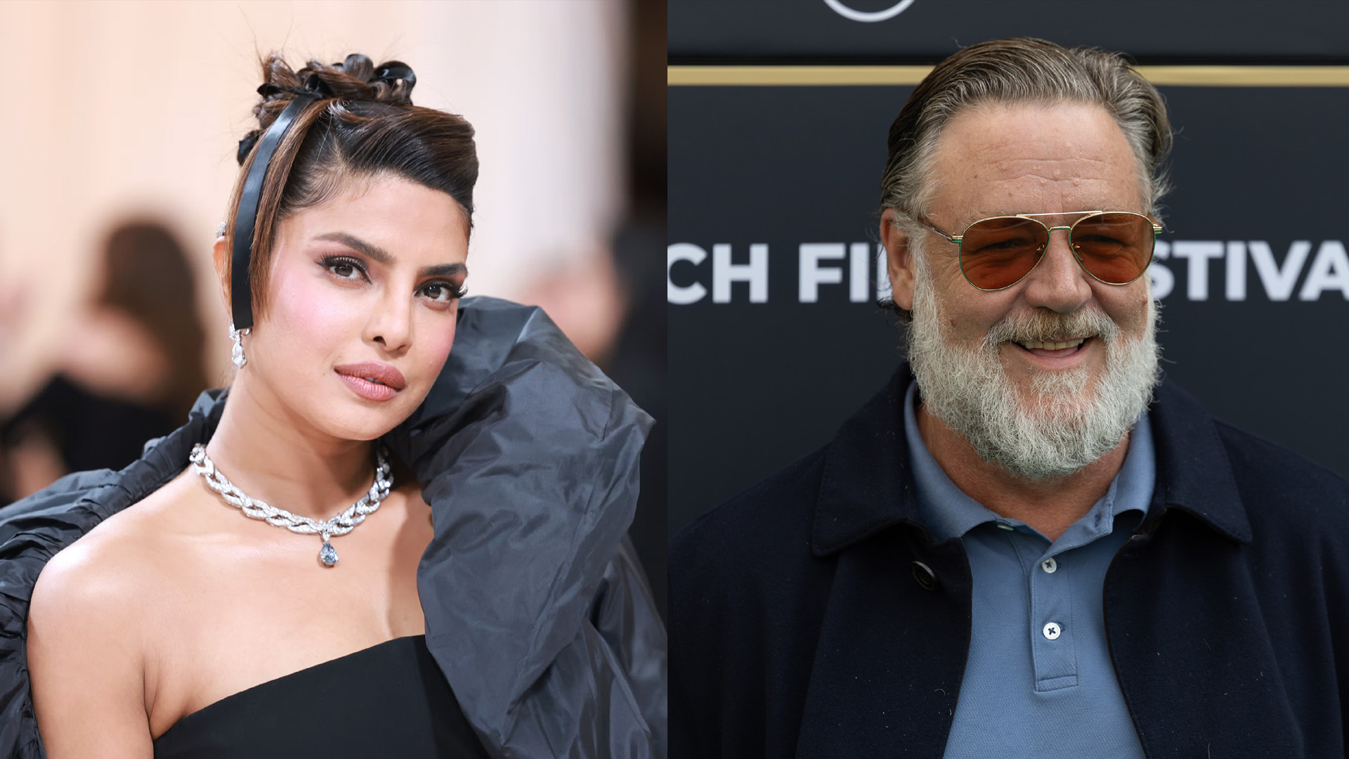 Priyanka Chopra Jonas and Russell Crowe at separate public appearances ahead of their upcoming film Bluefly.