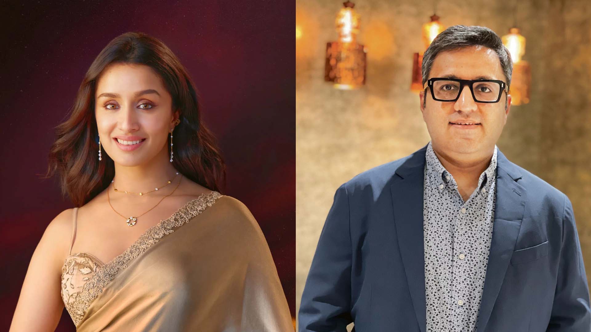 Shraddha Kapoor at a public event alongside promotional imagery related to the Ashneer Grover biopic